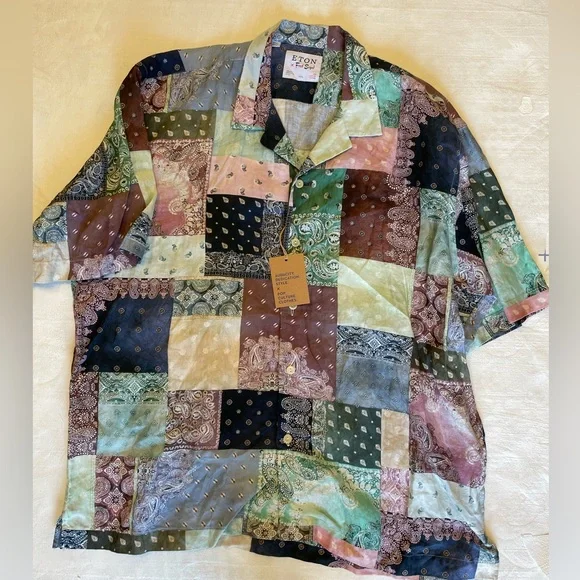ETON x Fred Segal Multi-Colored Patchwork Bandana Resort Shirt in Linen XXL $265
